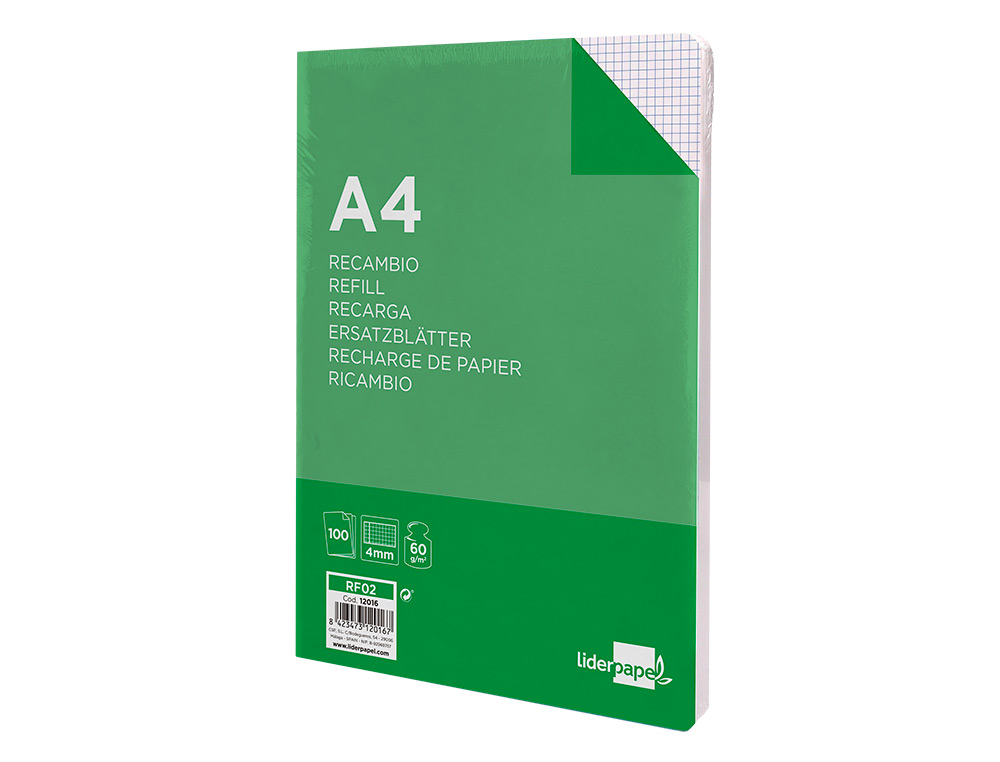 RECAMBIO LIDERPAPEL A4 100 HOJAS 60GR CUADRO 4MM CON MARGEN SIN TALADROS