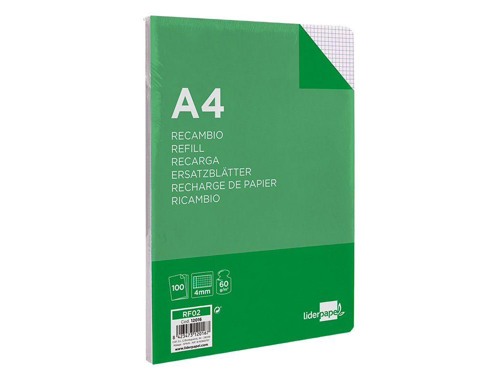 RECAMBIO LIDERPAPEL A4 100 HOJAS 60GR CUADRO 4MM CON MARGEN SIN TALADROS