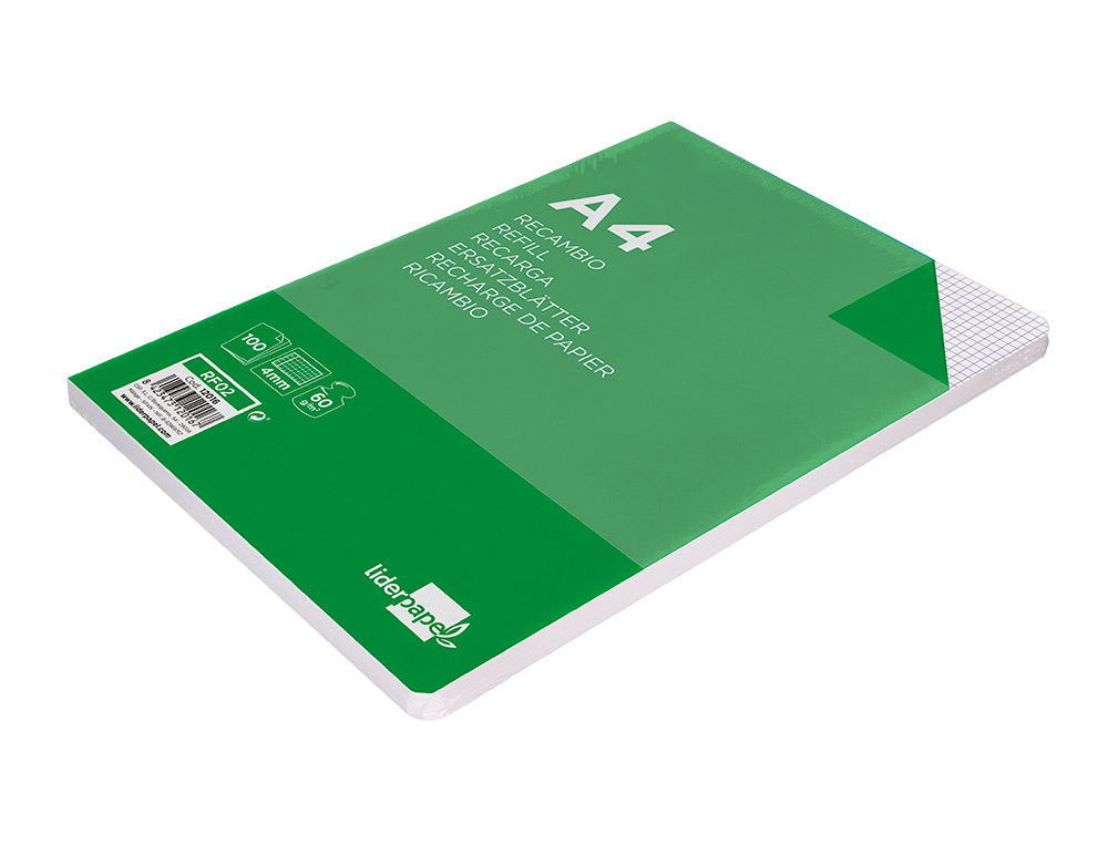 RECAMBIO LIDERPAPEL A4 100 HOJAS 60GR CUADRO 4MM CON MARGEN SIN TALADROS