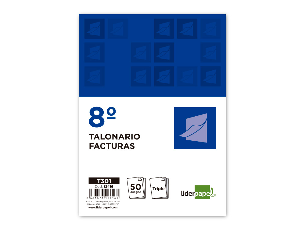 TALONARIO LIDERPAPEL FACTURAS 8 ORIGINAL Y 2 COPIAS T301 SIN I.V.A.