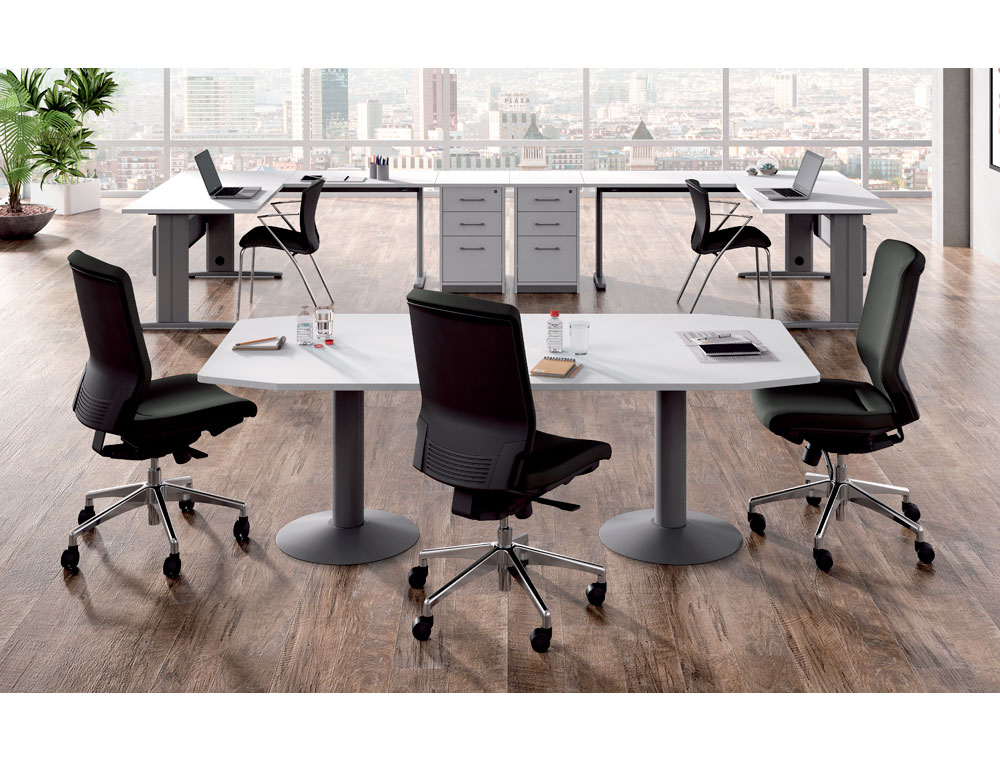 MESA DE REUNION ROCADA MEETING 3003ATW01 ESTRUCTURA COLUMNA DOBLE ACERO BLANCO TABLERO MADERA HAYA