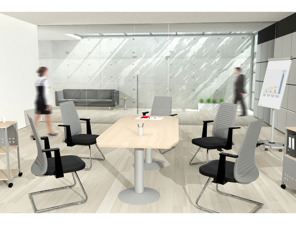 MESA DE REUNION ROCADA MEETING 3003ATW02 ESTRUCTURA COLUMNA DOBLE ACERO BLANCO TABLERO MADERA GRIS