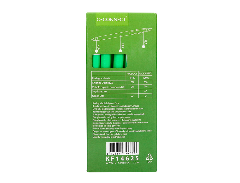 BOLIGRAFO Q-CONNECT RETRACTIL KF14625 BIODEGRADABLE VERDE TINTA AZUL