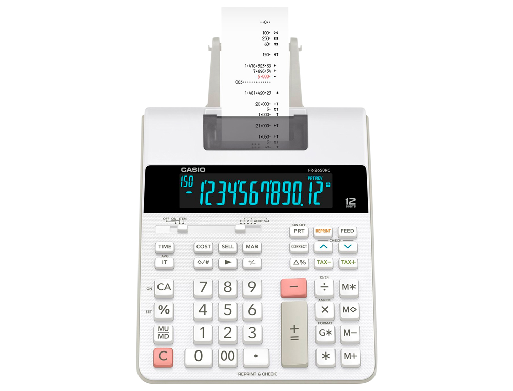 CALCULADORA CASIO IMPRESORA PANTALLA LC PAPEL 58 MM IMPRESION BICOLOR FR-2650RC 12 DIGITOS DC COLOR BLANCO