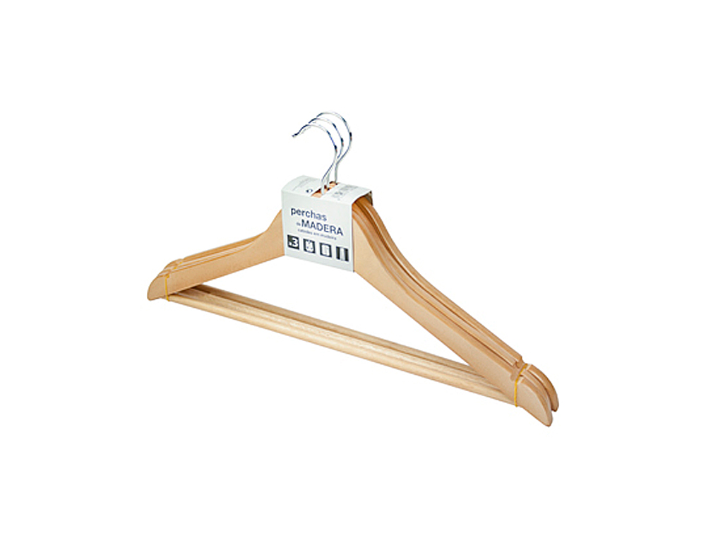 PERCHA KERKOM MADERA NATURAL BARNIZADA PACK DE 3 UNIDADES