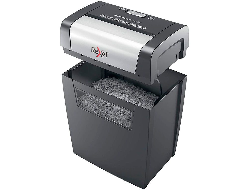 DESTRUCTORA DE DOCUMENTOS REXEL MOMENTUM X308 CAPACIDAD DE CORTE 8 HOJAS DESTRUYE GRAPAS Y CLIPS 15 LITROS