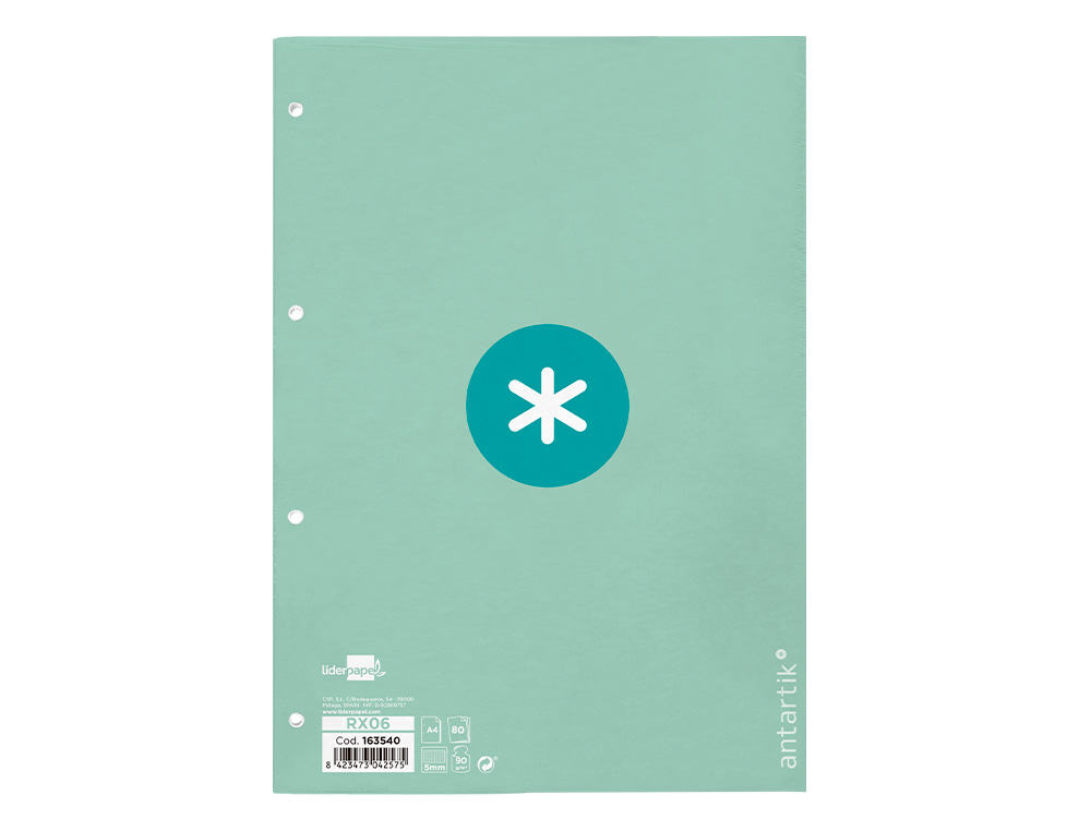 RECAMBIO ANTARTIK A4 80 HOJAS 90GR CUADRO 5 MM 4 TALADROS 1 BANDA MARCO COLOR MENTA