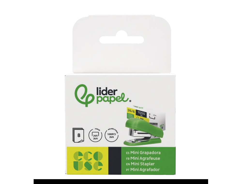 GRAPADORA LIDERPAPEL ECOUSE MINI CAPACIDAD 12 HOJAS 100% PLASTICO RECICLADO CON CAJA DE 1000 GRAPAS 26/6