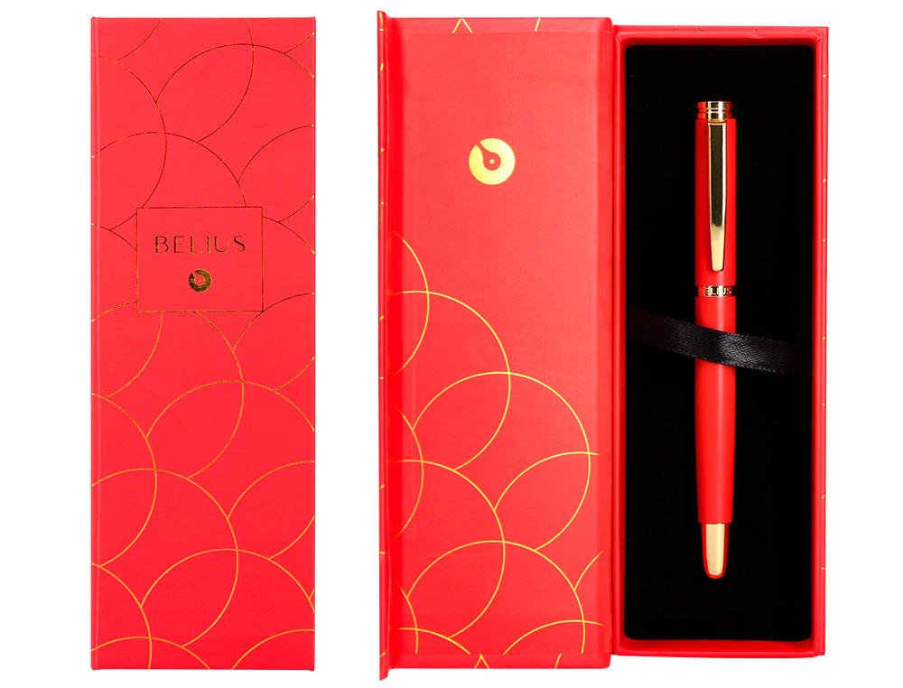 PLUMA BELIUS PASSION DOR ALUMINIO TEXTURA CEPILLADA COLOR ROJO Y DORADO TINTA AZUL CAJA DE DISEÑO