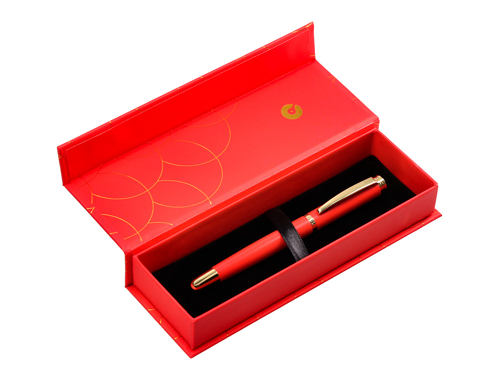 PLUMA BELIUS PASSION DOR ALUMINIO TEXTURA CEPILLADA COLOR ROJO Y DORADO TINTA AZUL CAJA DE DISEÑO