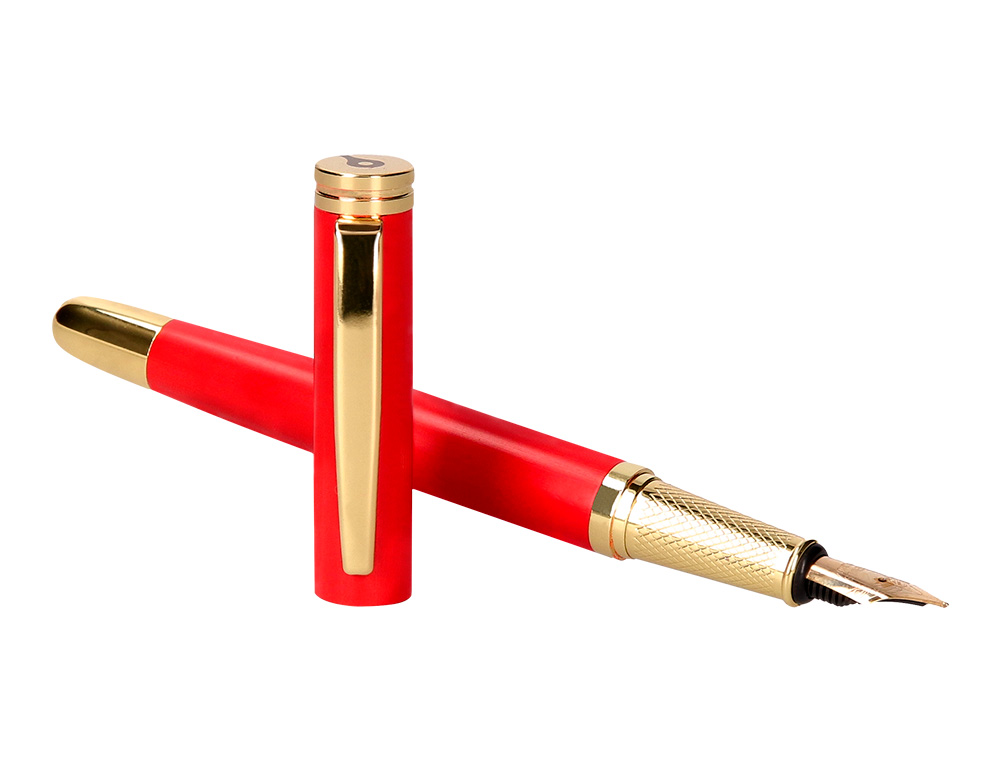 PLUMA Y ESTUCHE CUERO BELIUS PASSION DOR ALUMINIO TEXTURA CEPILLADA COLOR ROJO Y DORADO TINTA AZUL CAJA DE DISEO