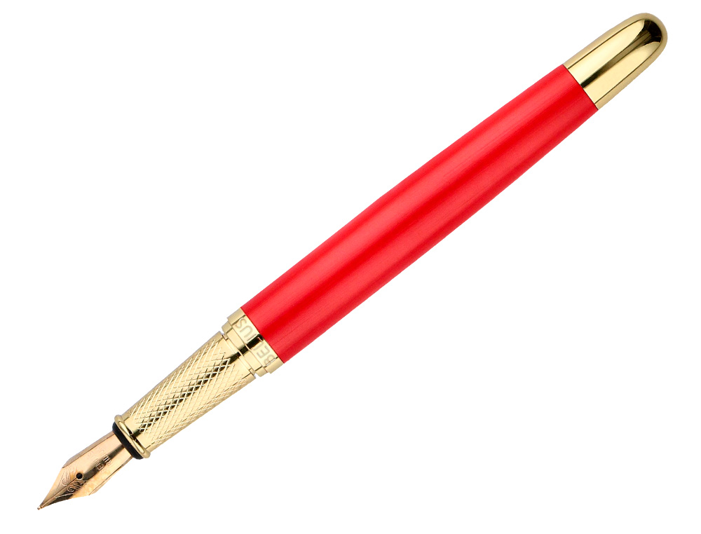 PLUMA Y ESTUCHE CUERO BELIUS PASSION DOR ALUMINIO TEXTURA CEPILLADA COLOR ROJO Y DORADO TINTA AZUL CAJA DE DISEO