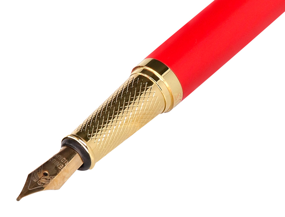 PLUMA Y ESTUCHE CUERO BELIUS PASSION DOR ALUMINIO TEXTURA CEPILLADA COLOR ROJO Y DORADO TINTA AZUL CAJA DE DISEO