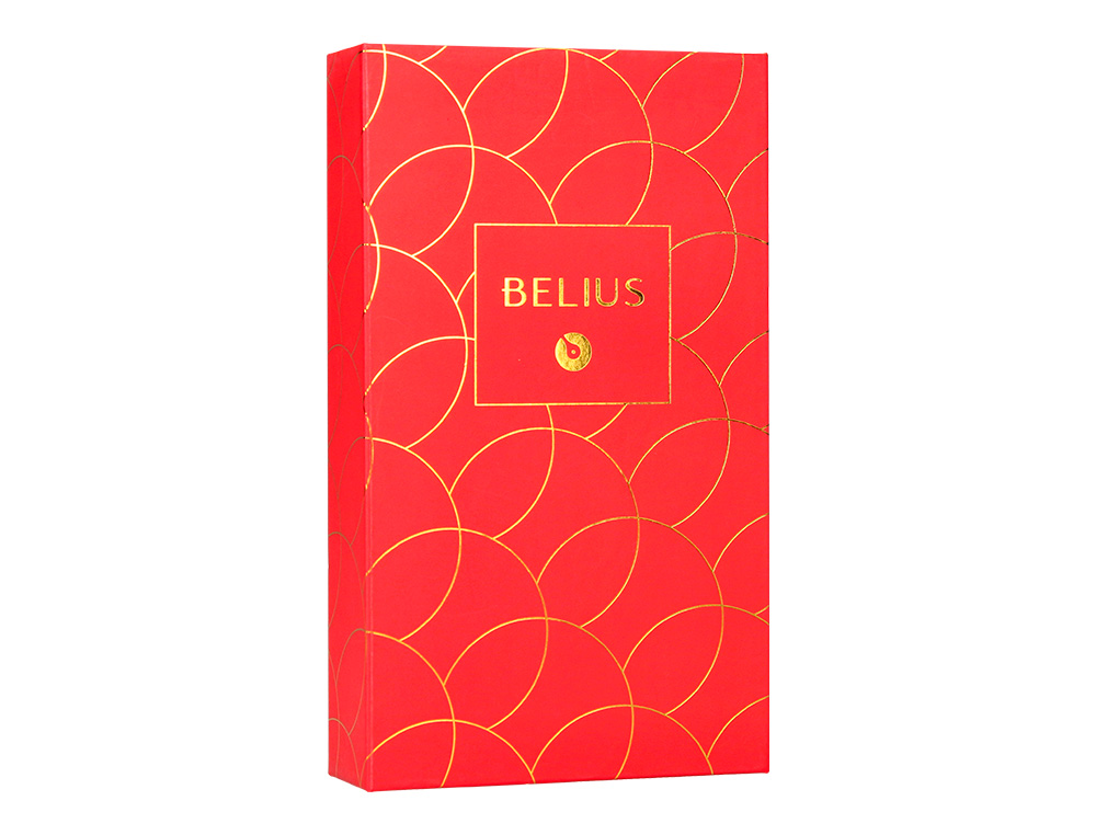 PLUMA Y ESTUCHE CUERO BELIUS PASSION DOR ALUMINIO TEXTURA CEPILLADA COLOR ROJO Y DORADO TINTA AZUL CAJA DE DISEO