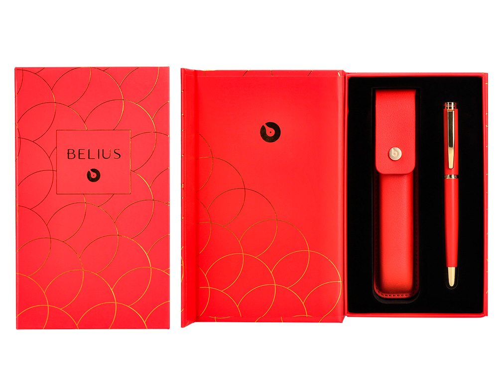 PLUMA Y ESTUCHE CUERO BELIUS PASSION DOR ALUMINIO TEXTURA CEPILLADA COLOR ROJO Y DORADO TINTA AZUL CAJA DE DISEO