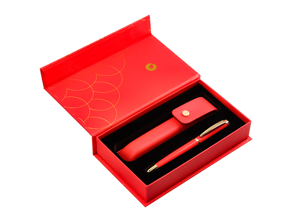 PLUMA Y ESTUCHE CUERO BELIUS PASSION DOR ALUMINIO TEXTURA CEPILLADA COLOR ROJO Y DORADO TINTA AZUL CAJA DE DISEO