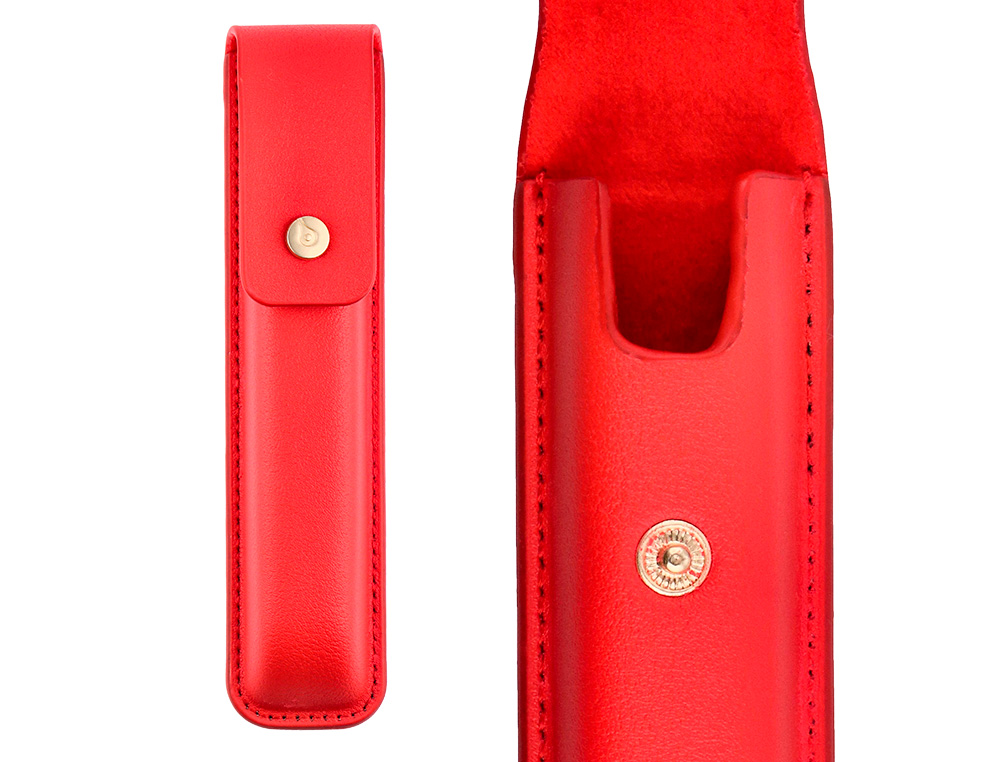 PLUMA Y ESTUCHE CUERO BELIUS PASSION DOR ALUMINIO TEXTURA CEPILLADA COLOR ROJO Y DORADO TINTA AZUL CAJA DE DISEO