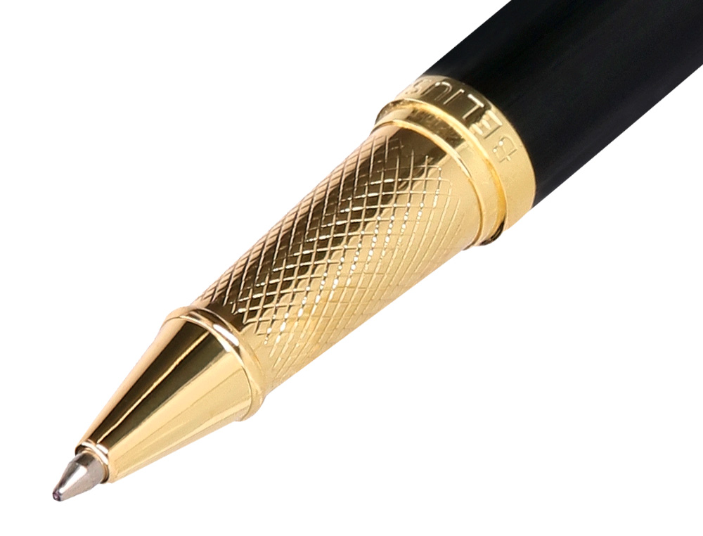 BOLIGRAFO Y ESTUCHE BELIUS PASSION DOR ALUMINIO TEXTURA CEPILLADA COLOR NEGRO Y DORADO TINTA AZUL CAJA DISEO