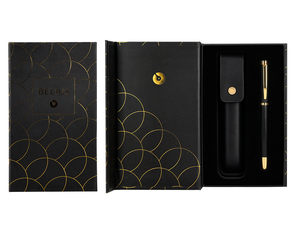 BOLIGRAFO Y ESTUCHE BELIUS PASSION DOR ALUMINIO TEXTURA CEPILLADA COLOR NEGRO Y DORADO TINTA AZUL CAJA DISEO