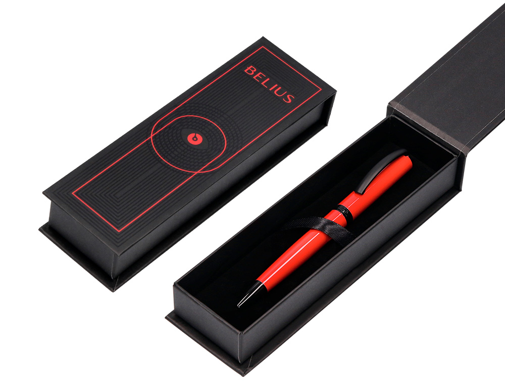 BOLIGRAFO BELIUS TURBO ALUMINIO COLOR ROJO Y NEGRO TINTA AZUL CAJA DE DISEO