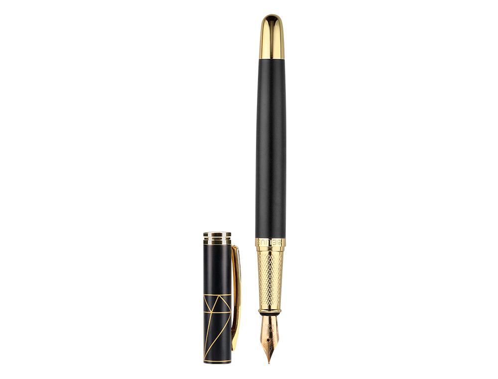 PLUMA BELIUS SOIREE ALUMINIO COLOR ART DECO NEGRO Y DORADO TINTA AZUL CAJA DE DISEO