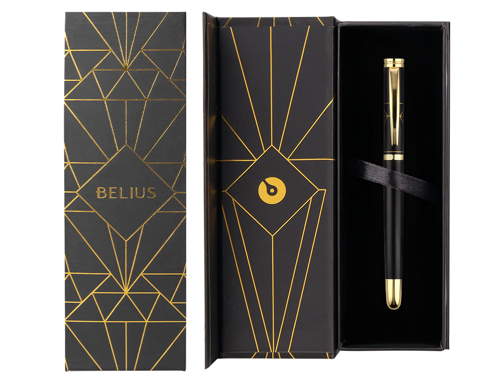 PLUMA BELIUS SOIREE ALUMINIO COLOR ART DECO NEGRO Y DORADO TINTA AZUL CAJA DE DISEO