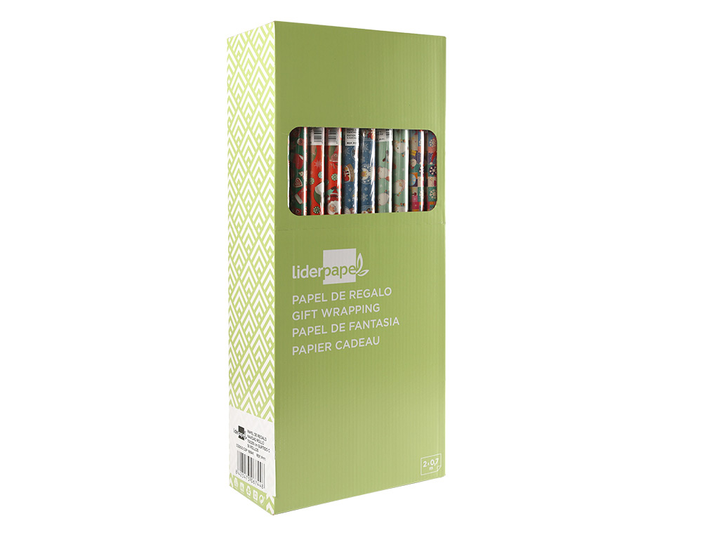 PAPEL DE REGALO LIDERPAPEL NAVIDAD ROLLO ANCHO 70 CM LONGITUD 2 MT GRAMAJE 60 GR DISEÑOS SURTIDOS