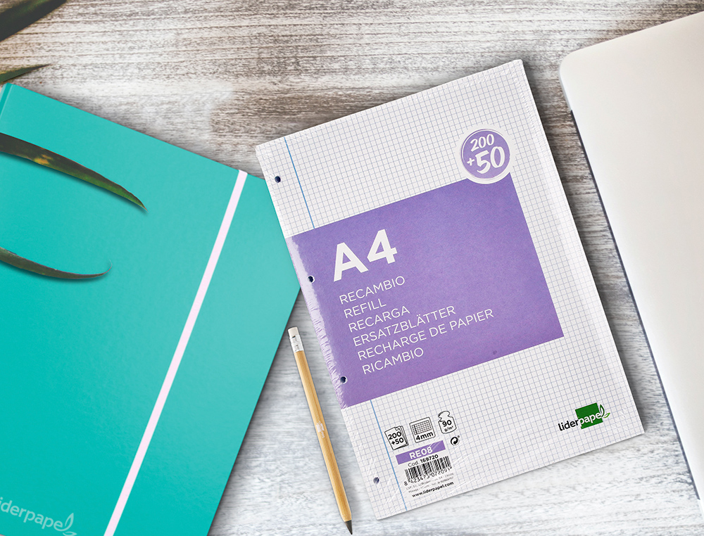 RECAMBIO LIDERPAPEL A4 200+50 HOJAS 90GR CUADRO 4MM CON MARGEN 4 TALADROS