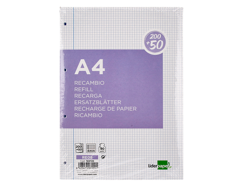 RECAMBIO LIDERPAPEL A4 200+50 HOJAS 90GR CUADRO 4MM CON MARGEN 4 TALADROS