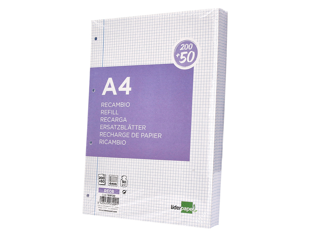 RECAMBIO LIDERPAPEL A4 200+50 HOJAS 90GR CUADRO 4MM CON MARGEN 4 TALADROS