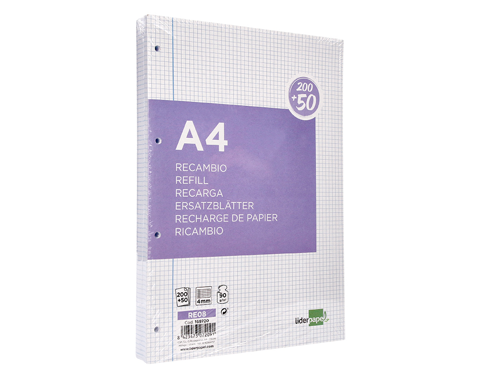 RECAMBIO LIDERPAPEL A4 200+50 HOJAS 90GR CUADRO 4MM CON MARGEN 4 TALADROS