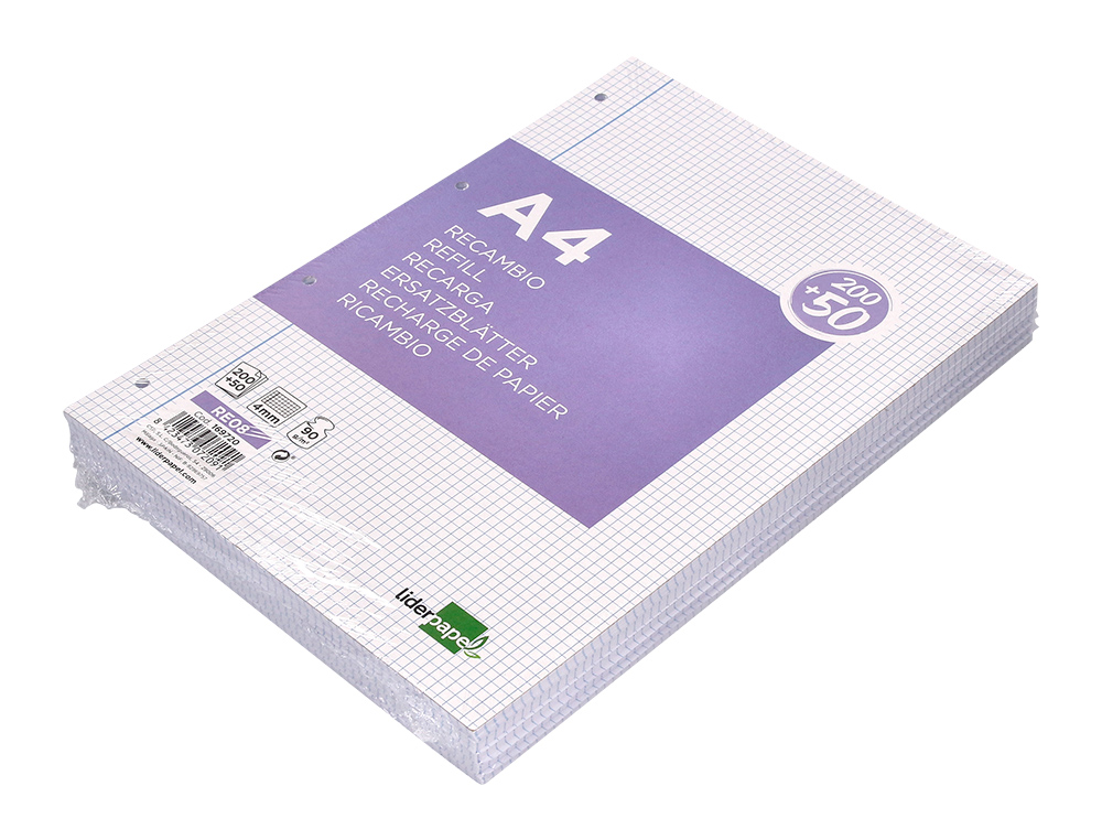 RECAMBIO LIDERPAPEL A4 200+50 HOJAS 90GR CUADRO 4MM CON MARGEN 4 TALADROS