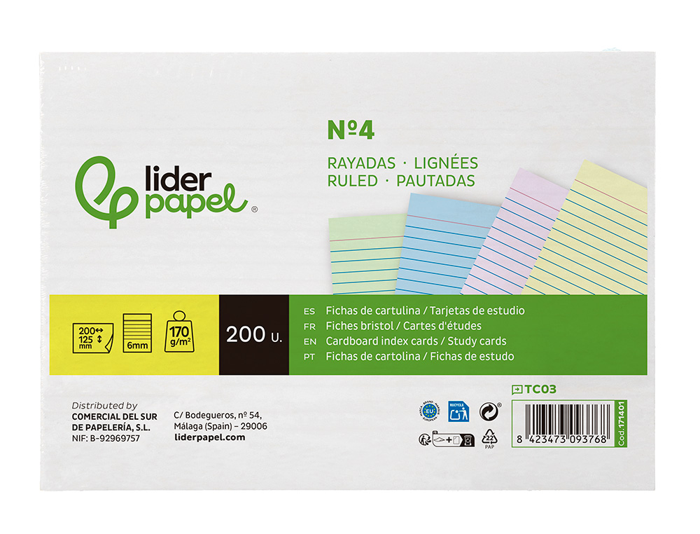 TARJETA LIDERPAPEL PARA ESTUDIAR RAYADA CARTULINA DE COLORES 170GR 125X200MM PAQUETE DE 200 UNIDADES