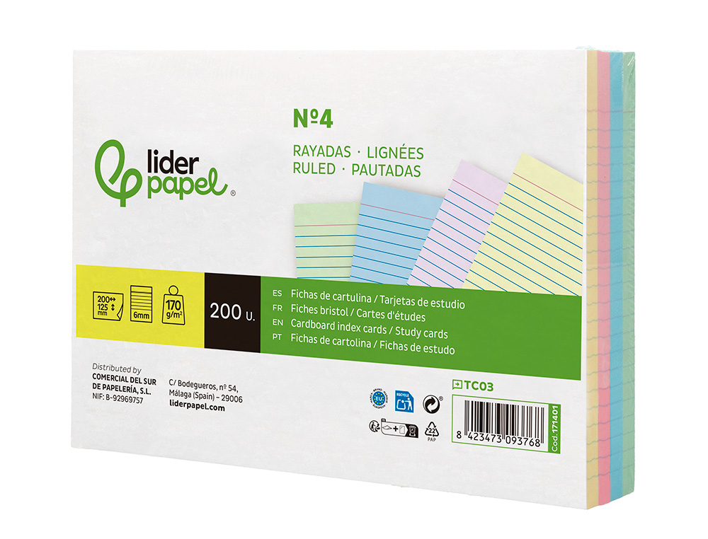 TARJETA LIDERPAPEL PARA ESTUDIAR RAYADA CARTULINA DE COLORES 170GR 125X200MM PAQUETE DE 200 UNIDADES