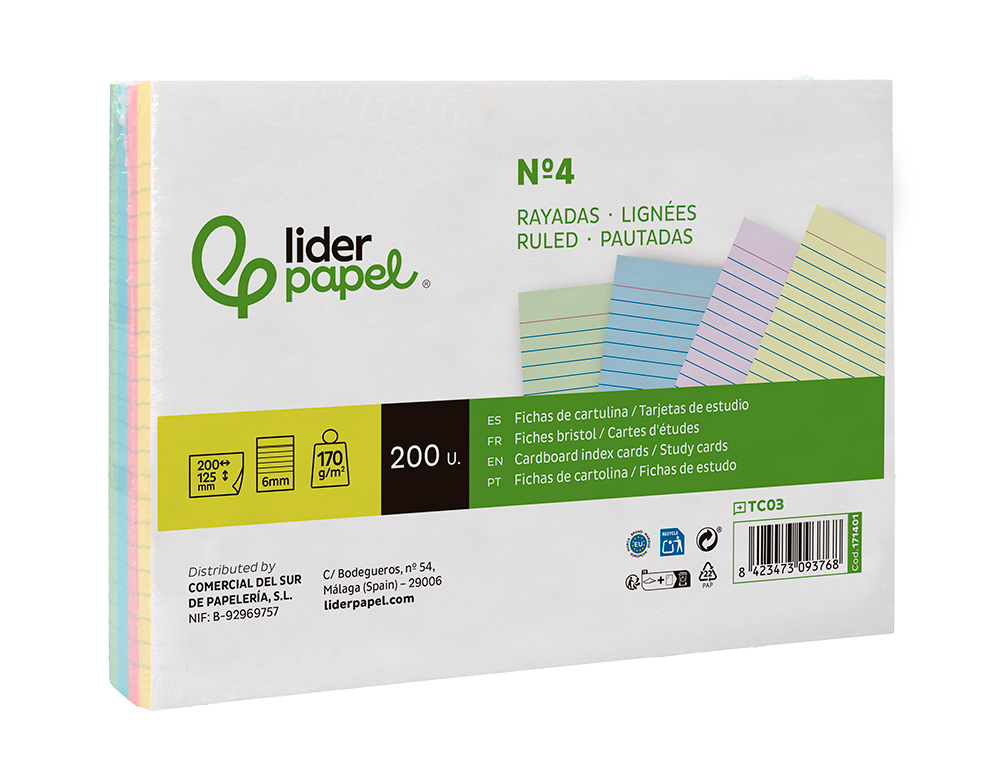 TARJETA LIDERPAPEL PARA ESTUDIAR RAYADA CARTULINA DE COLORES 170GR 125X200MM PAQUETE DE 200 UNIDADES