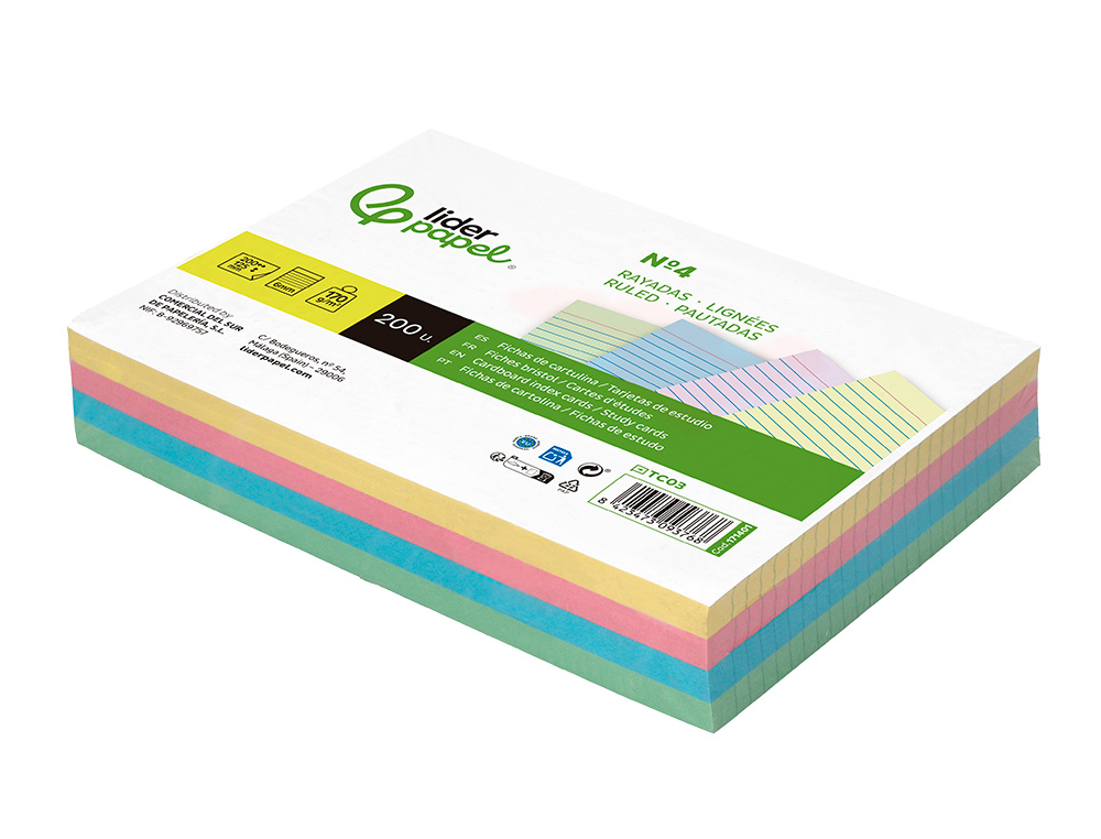 TARJETA LIDERPAPEL PARA ESTUDIAR RAYADA CARTULINA DE COLORES 170GR 125X200MM PAQUETE DE 200 UNIDADES