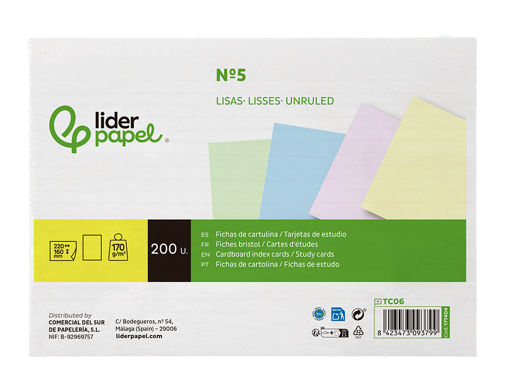 TARJETA LIDERPAPEL PARA ESTUDIAR LISA CARTULINA DE COLORES 170GR 160X220MM PAQUETE DE 200 UNIDADES