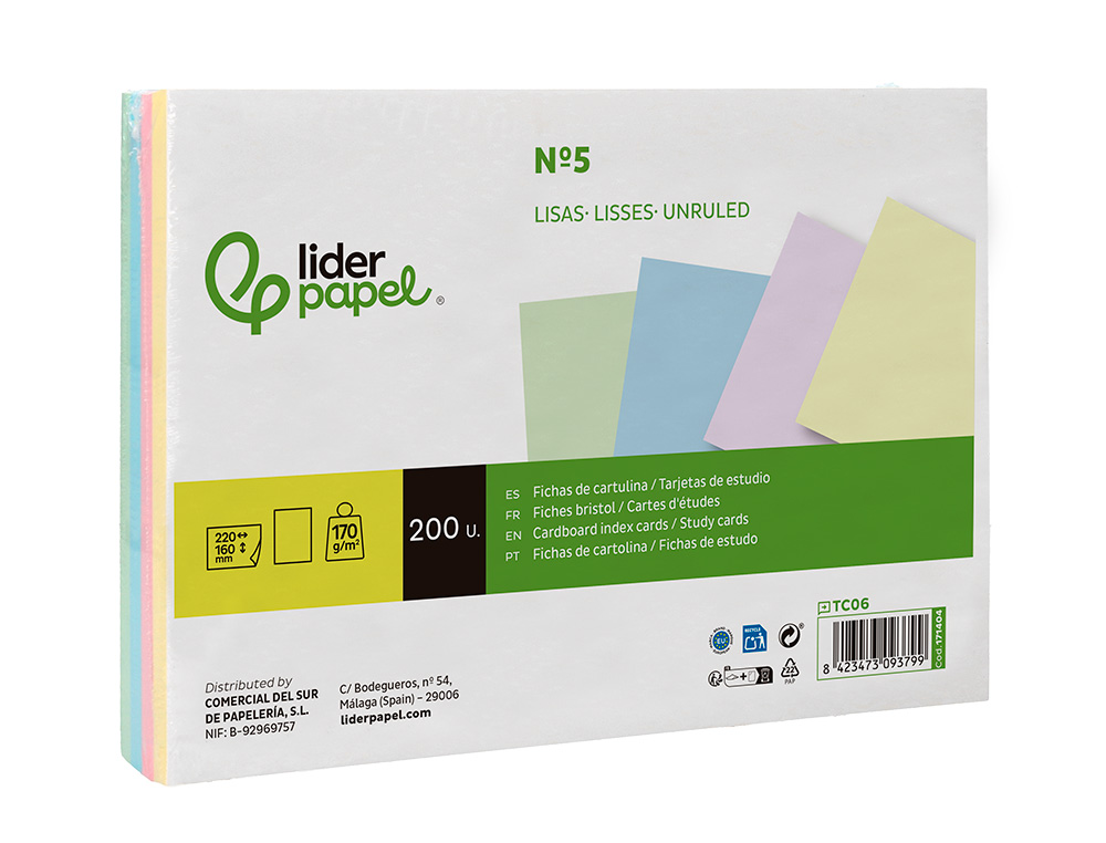 TARJETA LIDERPAPEL PARA ESTUDIAR LISA CARTULINA DE COLORES 170GR 160X220MM PAQUETE DE 200 UNIDADES