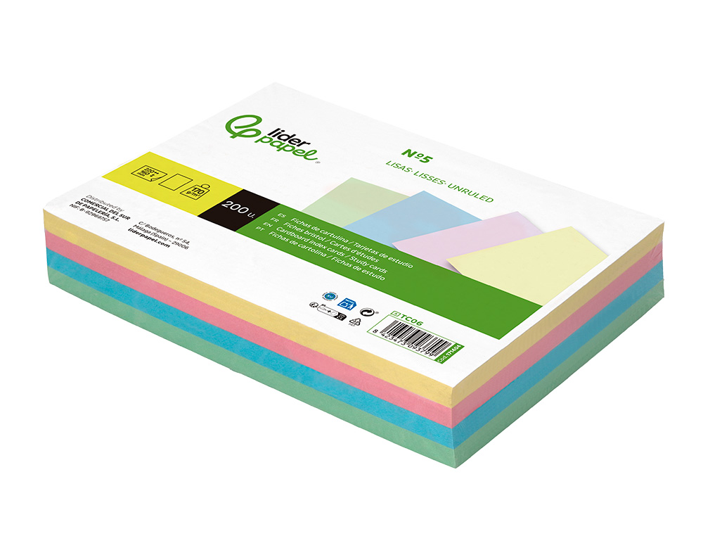TARJETA LIDERPAPEL PARA ESTUDIAR LISA CARTULINA DE COLORES 170GR 160X220MM PAQUETE DE 200 UNIDADES