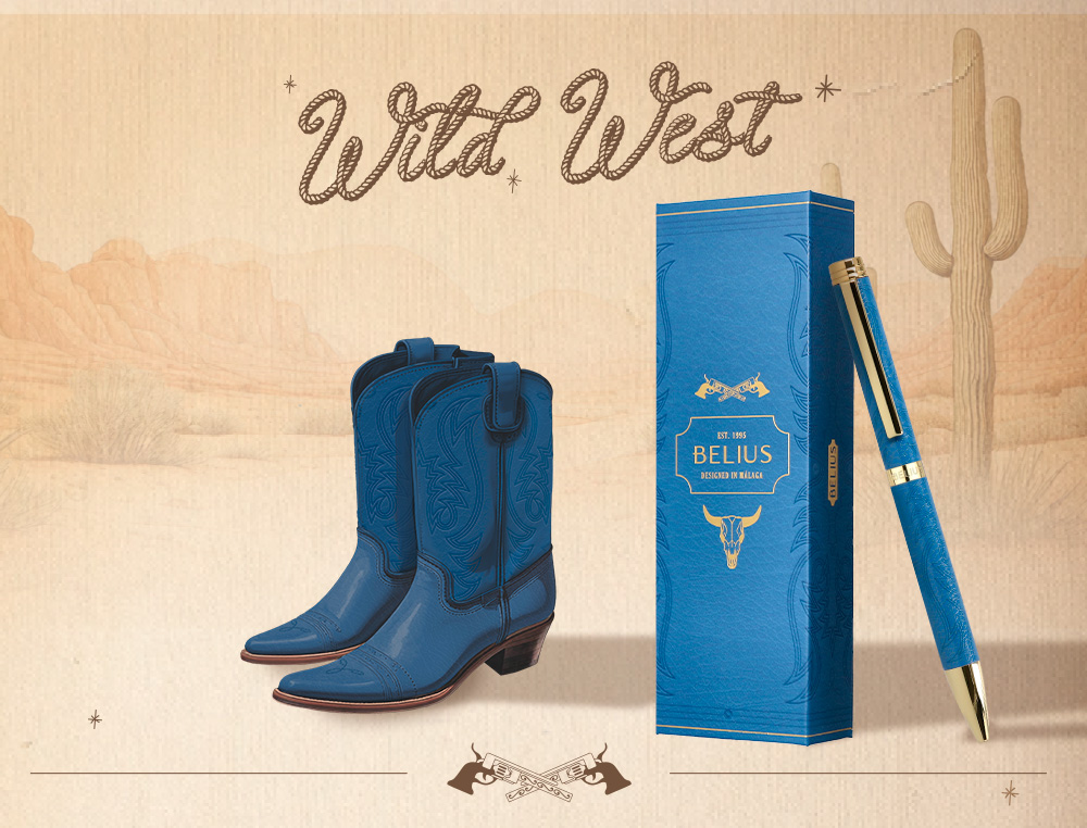 BOLIGRAFO BELIUS WILD WEST ALUMINIO COLOR AZUL MARINO DORADO TINTA COLOR AZUL CAJA DE DISEO