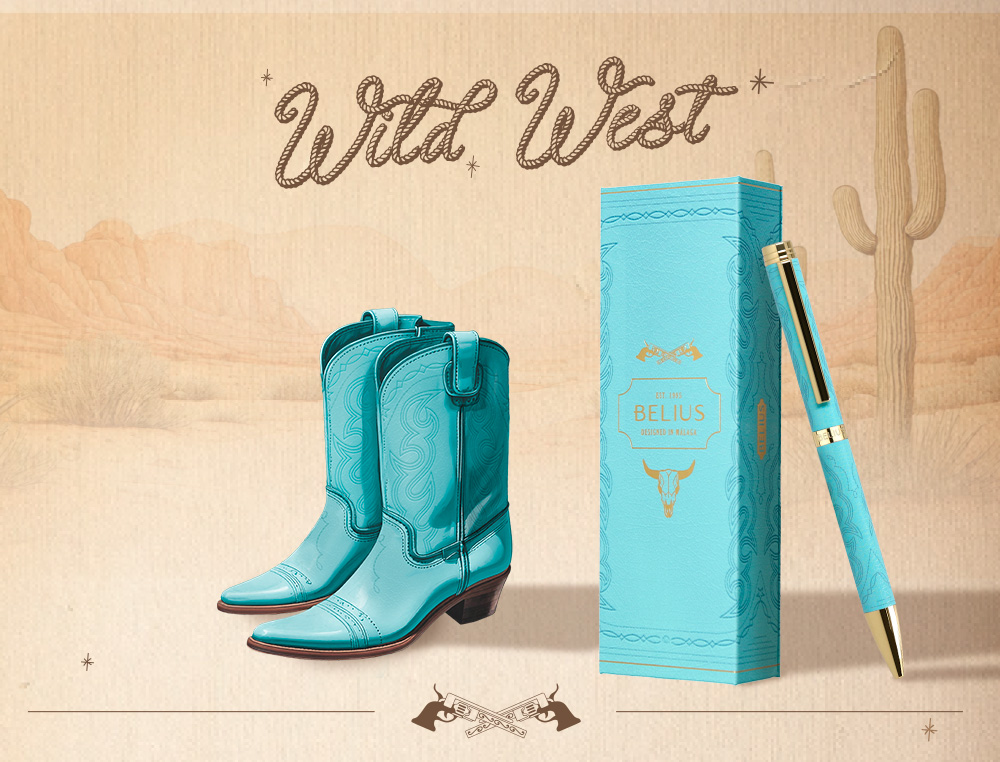 BOLIGRAFO BELIUS WILD WEST ALUMINIO COLOR TURQUESA DORADOTINTA COLOR AZUL CAJA DE DISEÑO
