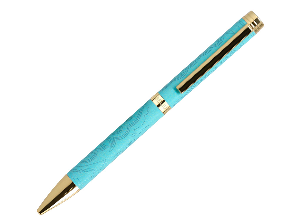 BOLIGRAFO BELIUS WILD WEST ALUMINIO COLOR TURQUESA DORADOTINTA COLOR AZUL CAJA DE DISEÑO