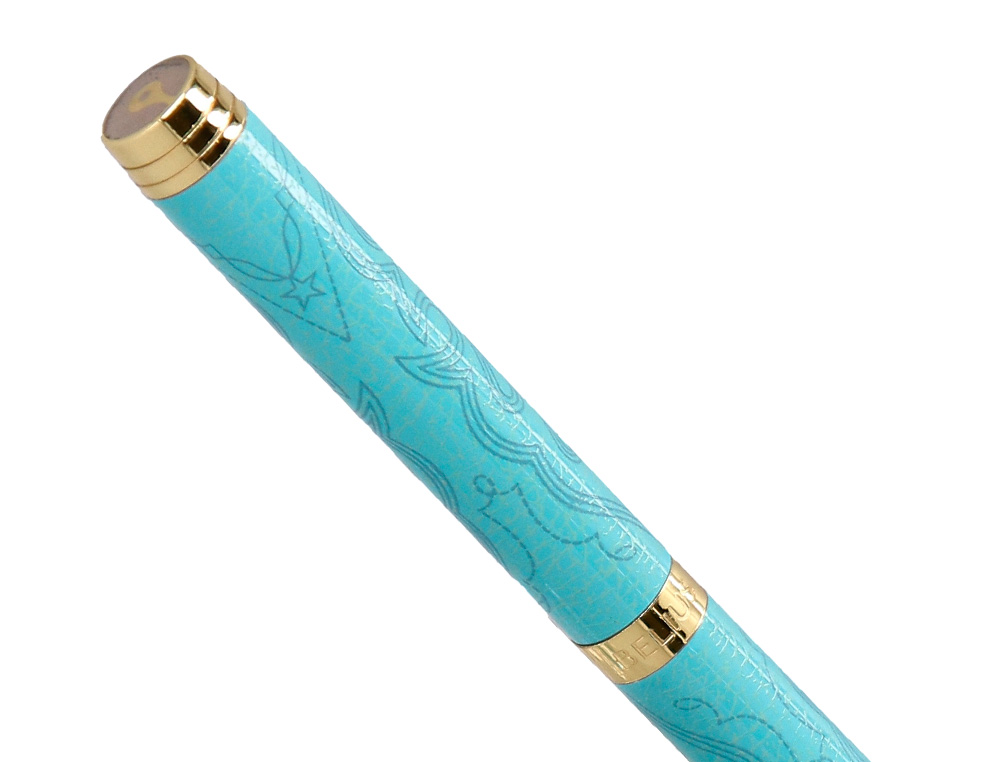 BOLIGRAFO BELIUS WILD WEST ALUMINIO COLOR TURQUESA DORADOTINTA COLOR AZUL CAJA DE DISEÑO
