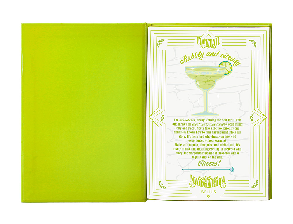 BOLIGRAFO Y WALLET BELIUS COCKTAILS MARGARITA ALUMINIO VERDE LIMA PLATEADO RELIEVE TINTA COLOR AZUL CAJA DE