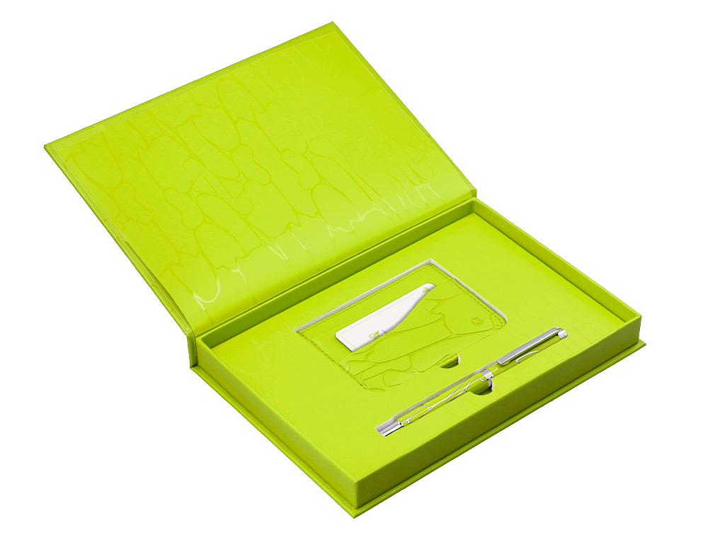 BOLIGRAFO Y WALLET BELIUS COCKTAILS MARGARITA ALUMINIO VERDE LIMA PLATEADO RELIEVE TINTA COLOR AZUL CAJA DE