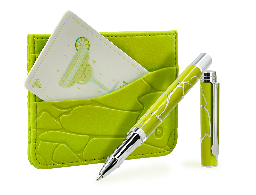 BOLIGRAFO Y WALLET BELIUS COCKTAILS MARGARITA ALUMINIO VERDE LIMA PLATEADO RELIEVE TINTA COLOR AZUL CAJA DE