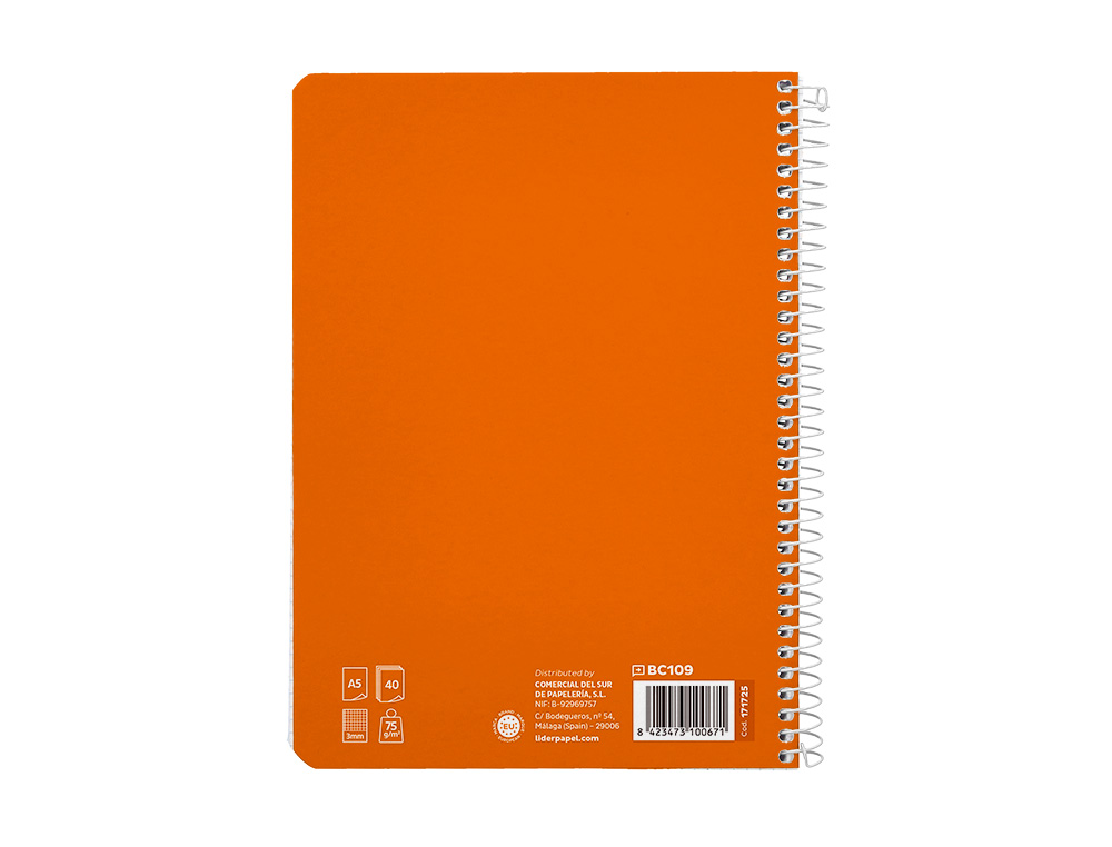 CUADERNO ESPIRAL LIDERPAPEL A5 PAUTAGUIA TAPA BLANDA 40H 75GR CUADRO PAUTADO 3MM COLOR NARANJA