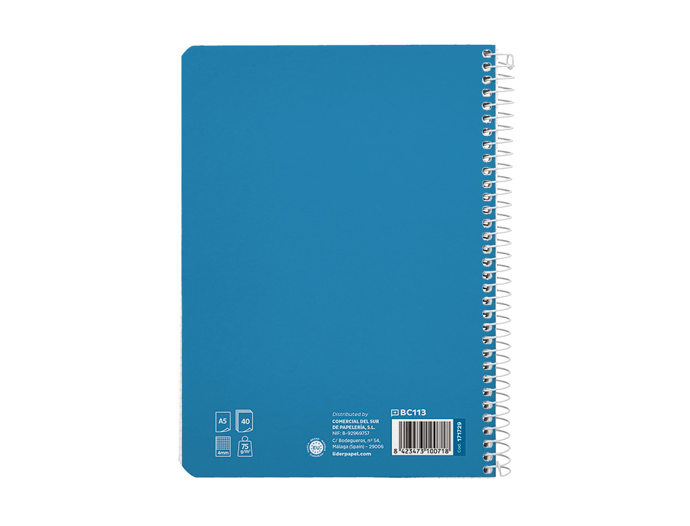 CUADERNO ESPIRAL LIDERPAPEL A5 PAUTAGUIA TAPA BLANDA 40H 75GR CUADRO PAUTADO 4MM COLOR AZUL