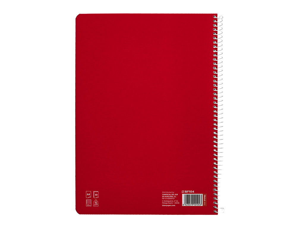 CUADERNO ESPIRAL LIDERPAPEL A4 PAUTAGUIA TAPA BLANDA 80H 75GR CUADRO PAUTADO 2,5MM COLOR ROJO