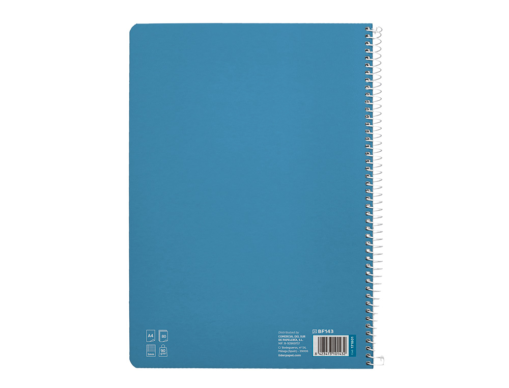 CUADERNO ESPIRAL LIDERPAPEL DIN A4 PAUTAGUIA TAPA DURA 80H 90GR CUADRO PAUTADO 5MM COLOR AZUL